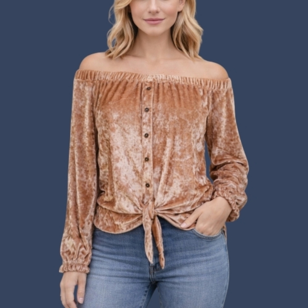 IJOAH Blush Crushed Velvet Off Shoulder Tie Waist Long Sleeve Blouse